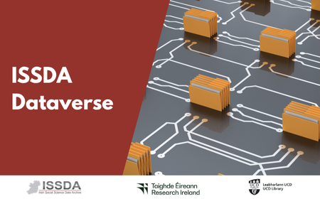 ISSDA Dataverse text on dark red background over image of grey circuit board with brown folders